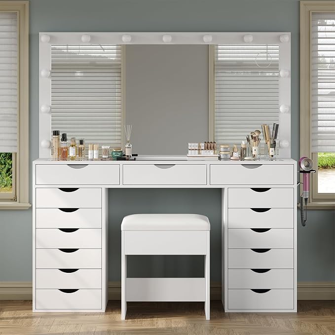 15-Drawer LED Makeup Vanity with Stool