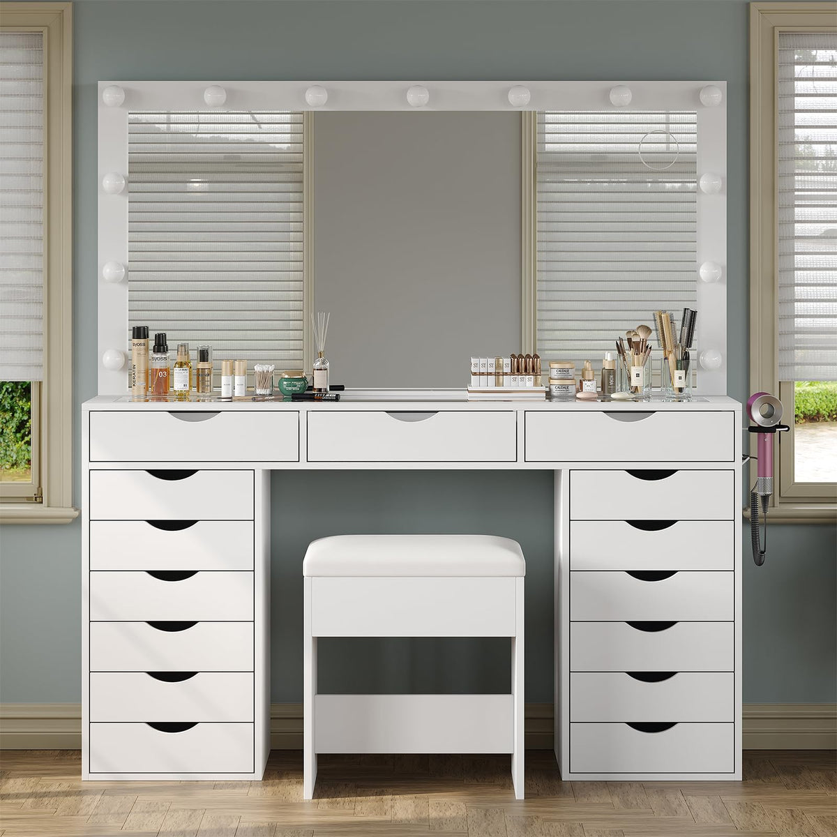 15-Drawer LED Makeup Vanity with Stool