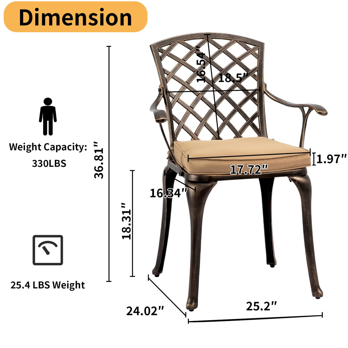 VINGLI 3-Piece Outdoor Bistro Set, All-Weather Cast Aluminum Patio Table & 2 Chairs Rustproof Small Outside Chairs for Lawn Garden Deck Pool (with Cushion)
