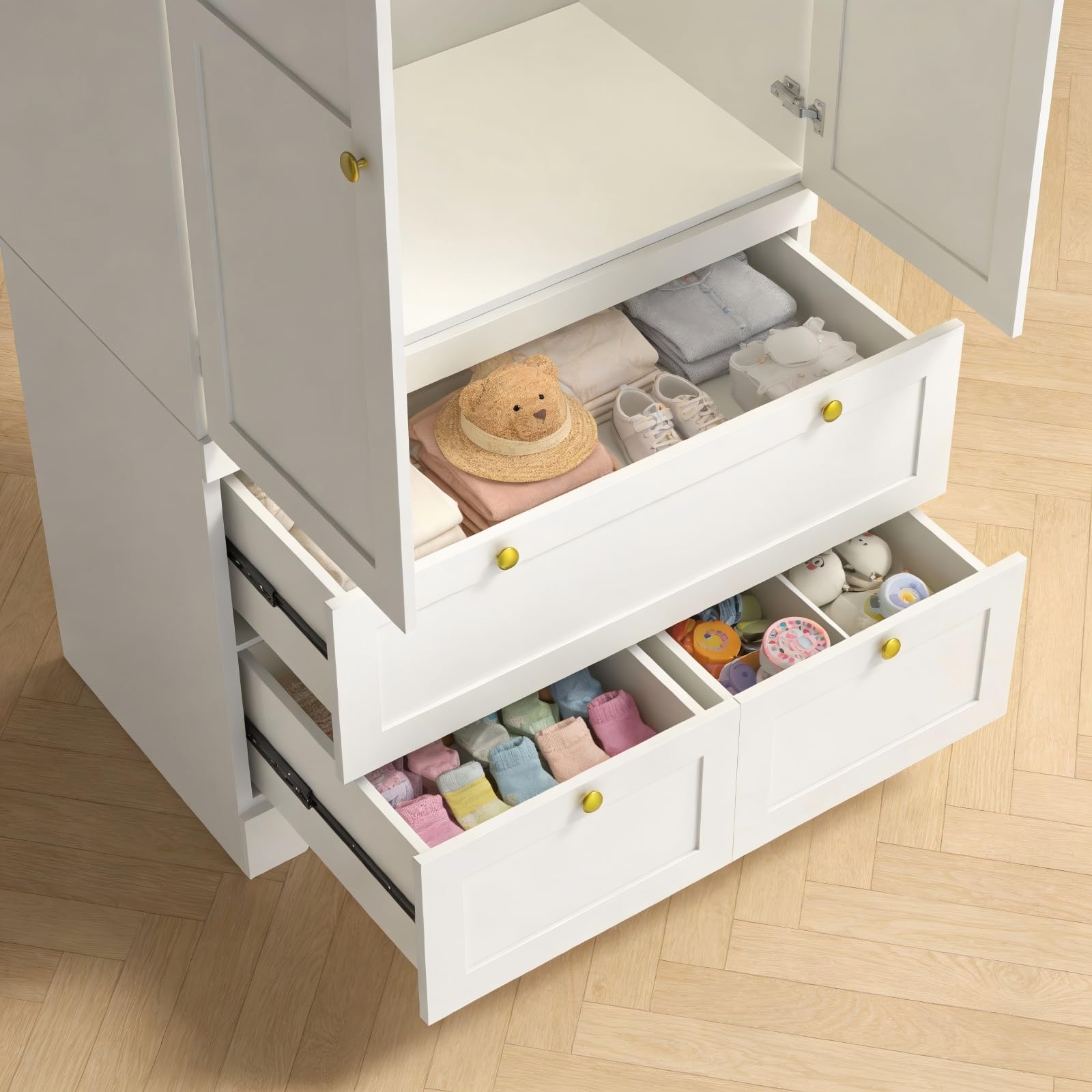 2-Door Wardrobe Closet with Drawers & Hanging Rod