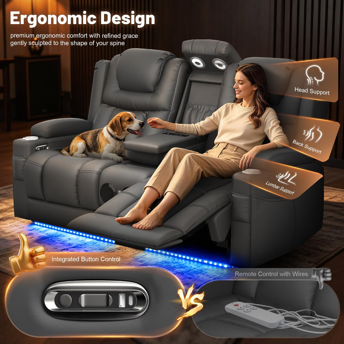 DG PEAFOWL Power Loveseat Recliner Sofa with Console, Wall Hugger Reclining Loveseat with Reading Light, Home Theater Seating with LED Lights, Zero Gravity Recliner Couch for RV Couch and Living Room