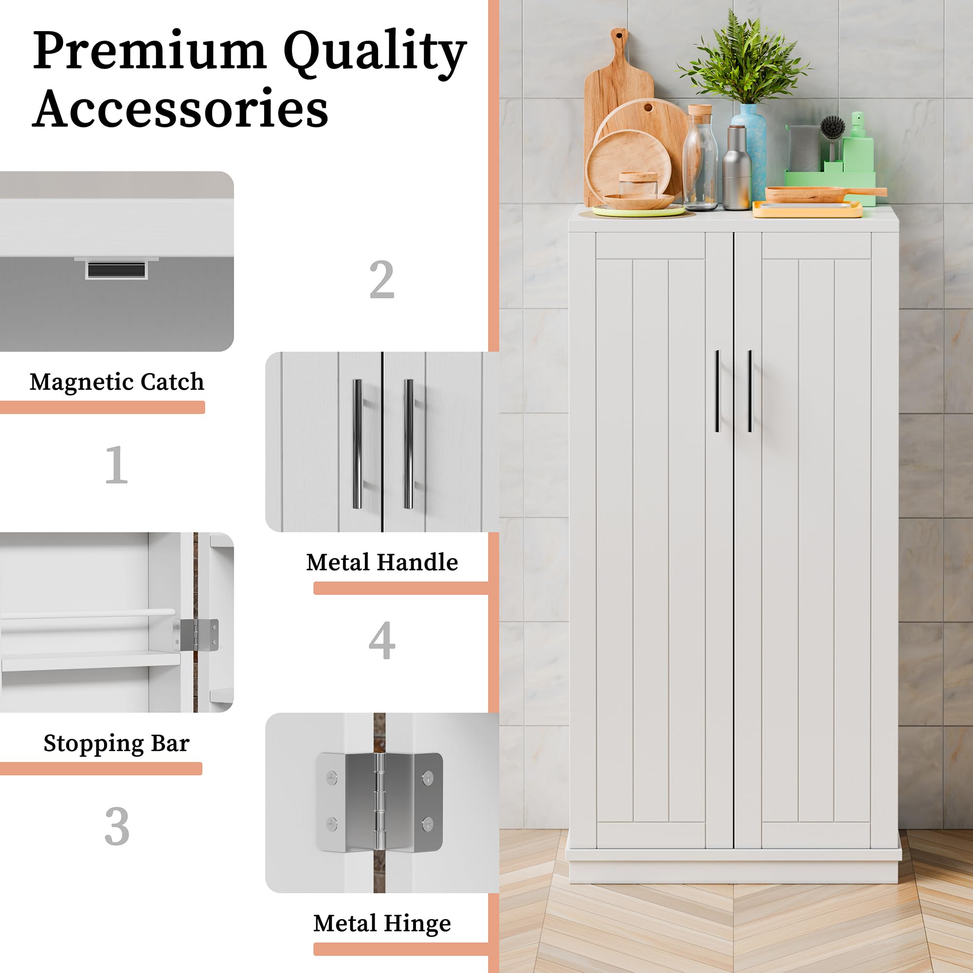 Meilocar 47in Kitchen Pantry Cabinet, Wood Kitchen Storage Pantry Cabinets Freestanding Pantries Cabinets with Doors & Adjustable Shelves, White