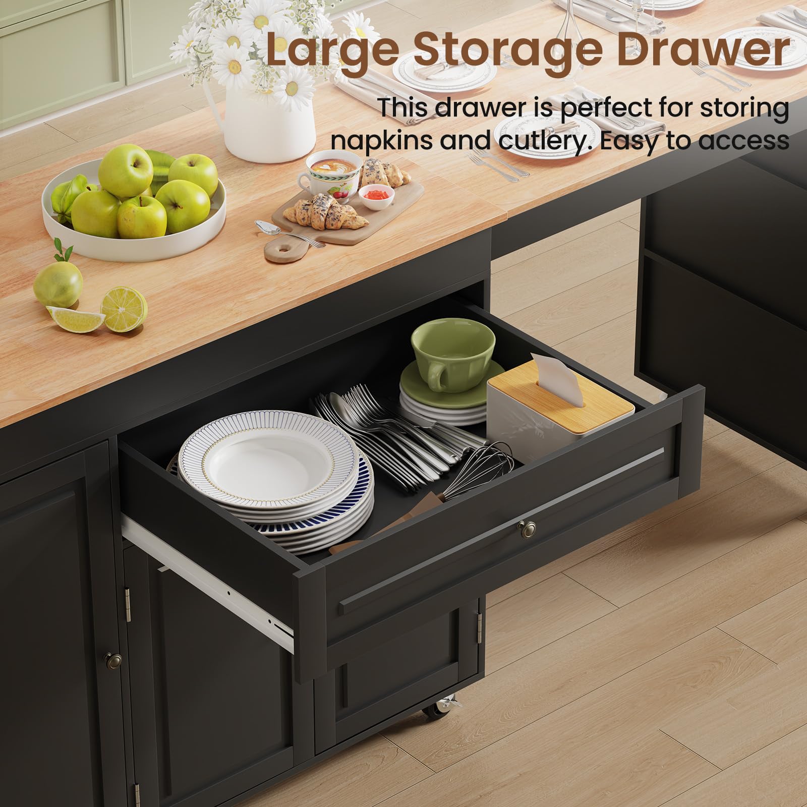 Rymeera 83" Expandable Kitchen Island on Wheels with Storage & Dining Table, Mobile Kitchen Cart with Cabinet, 3 Shelves & Drawers, Black (Extends from 48.4" to 82.6") (Black)