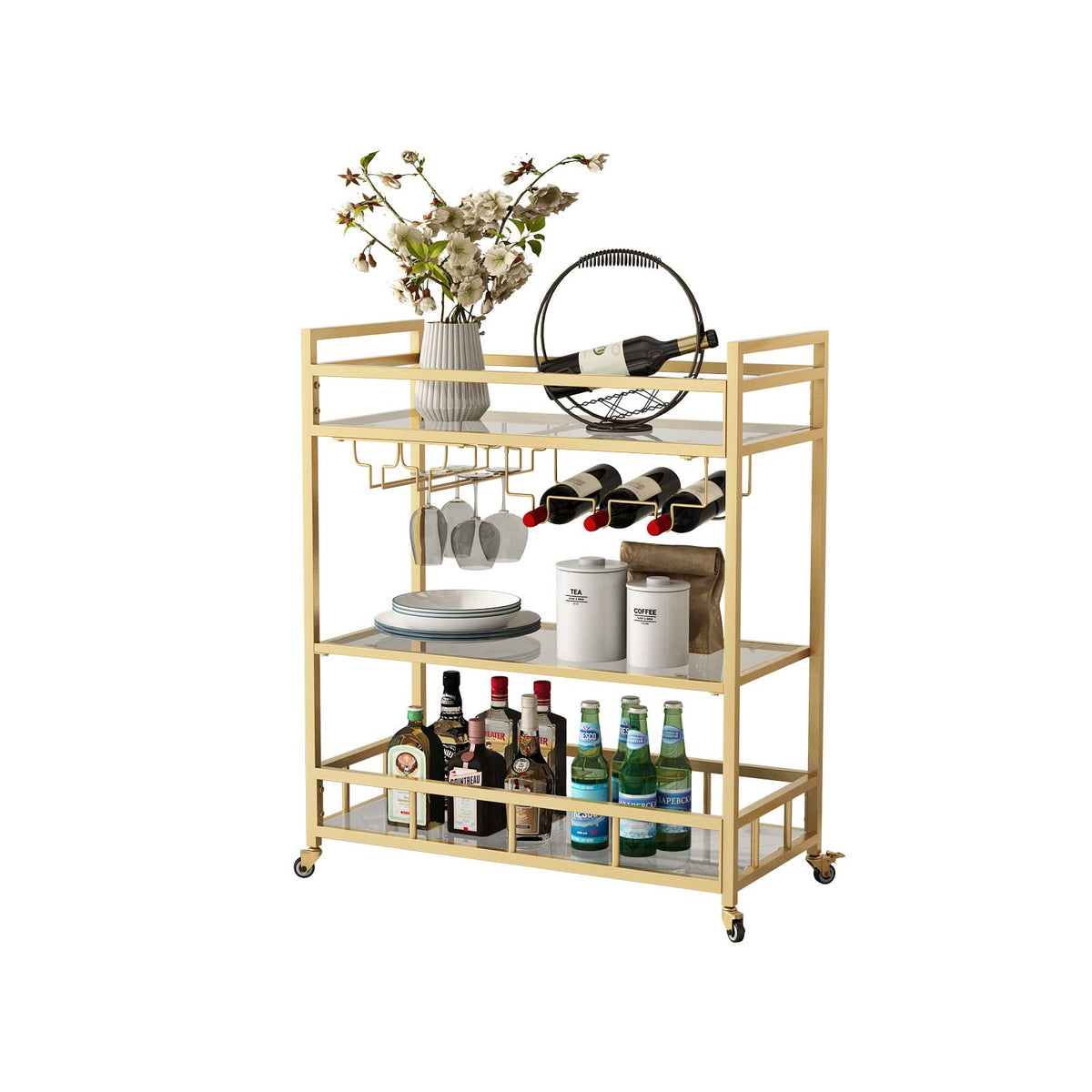 LORMITER Bar Cart Gold with Bottle Storage and Wine Glass, Rolling Serving Bar Cart on Wheels Indoor & Outdoor, Patio, Gold Kitchen Serving Cart for Party(3-Tier)
