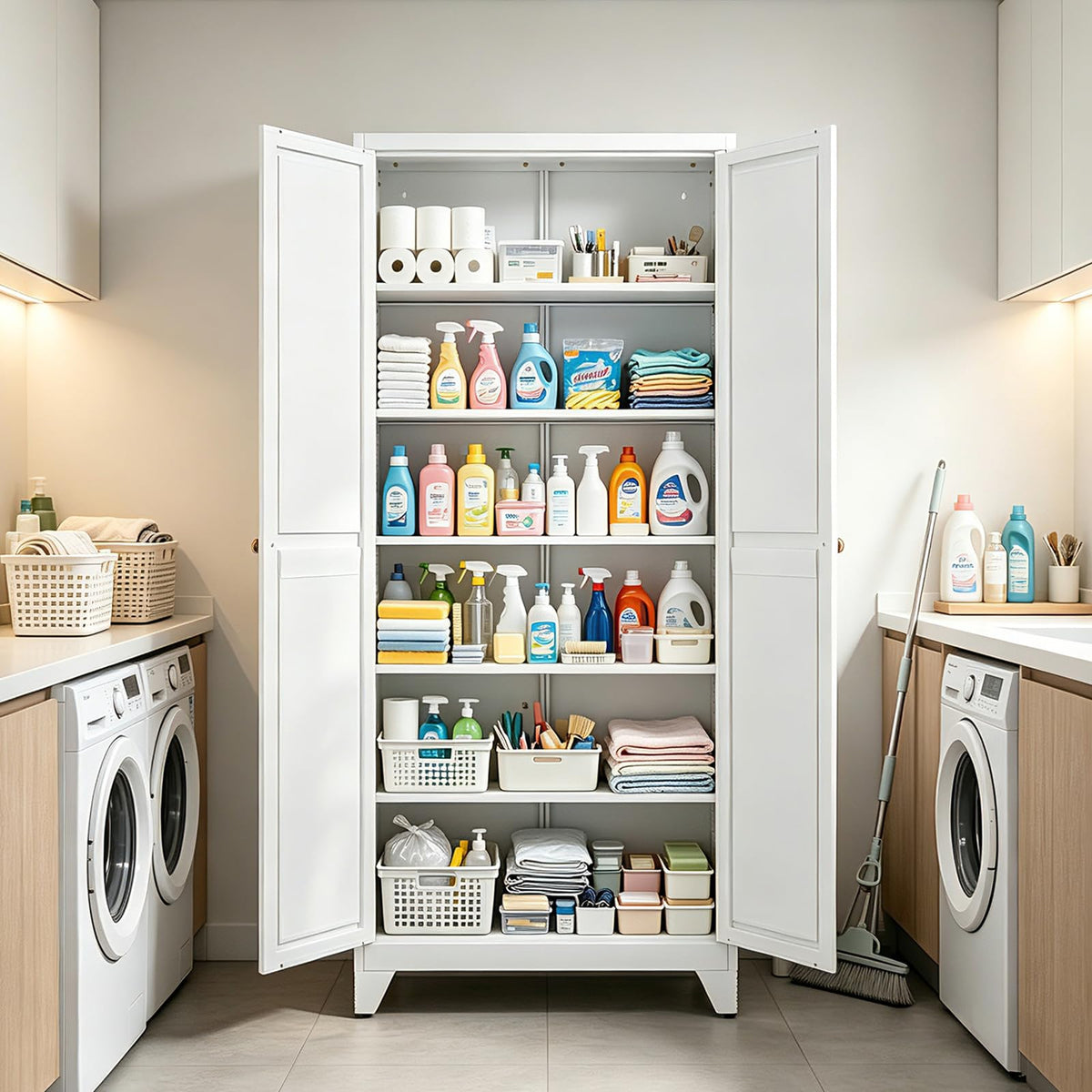 Bayunity 75" White Metal Pantry Cabinet with Doors & 5 Adjustable Shelves