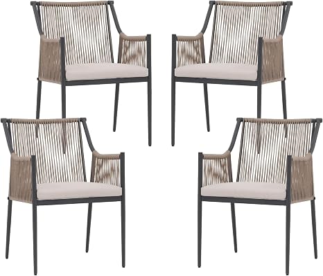 Outdoor Wicker Dining Chairs with Cushion & Armrests