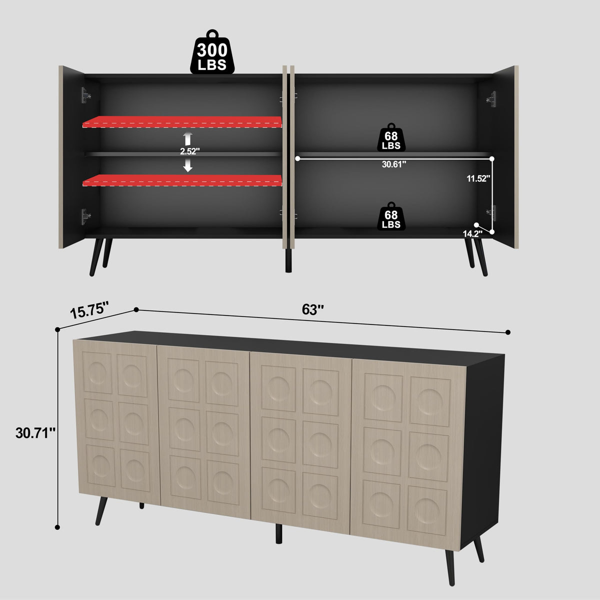 Mhsatyrs Oak and Black Wood Accent Cabinet with 4 Doors, 63" Sideboards