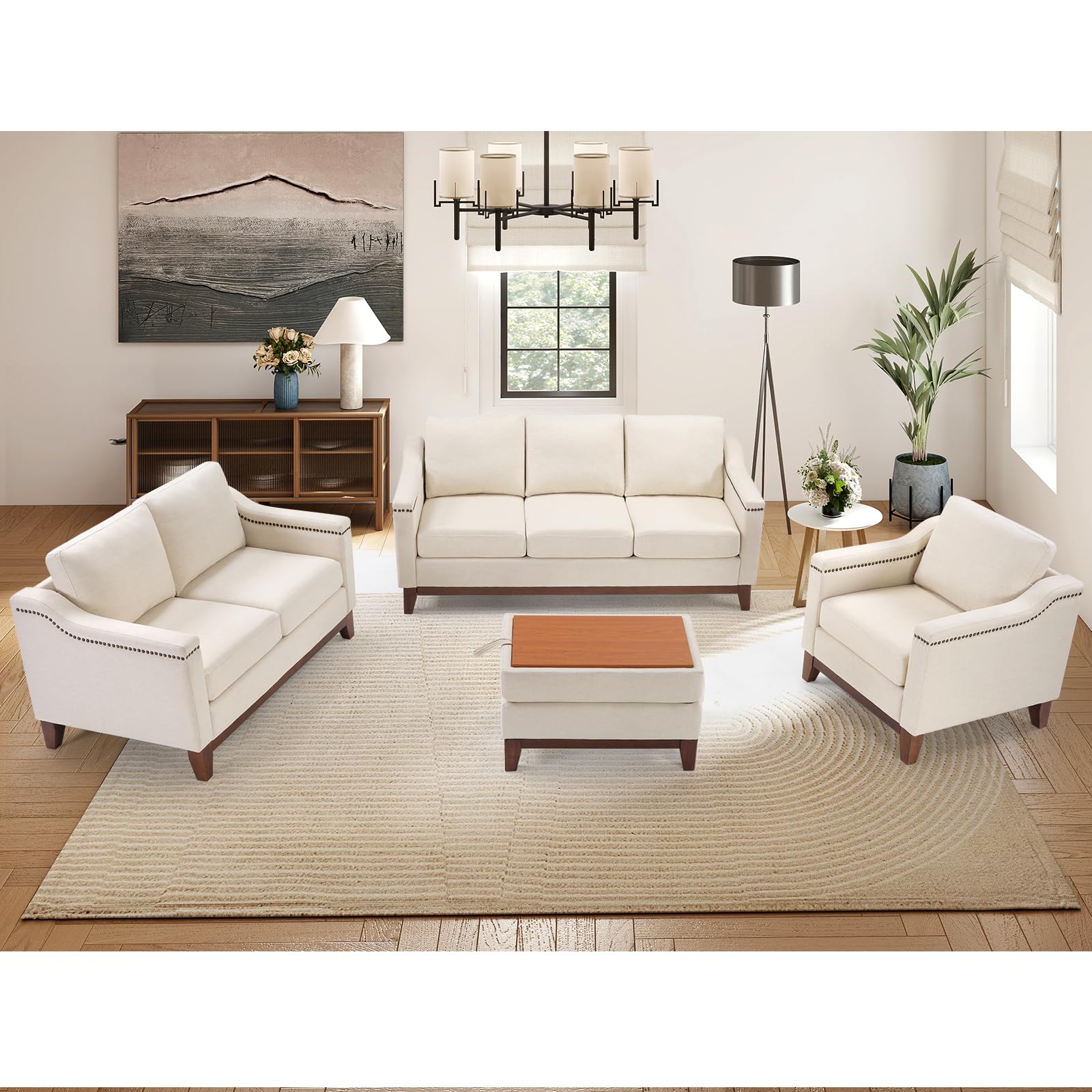HAOMARKETS 2 Piece Sofa Set, 2-Seater and 3-Seater Sofa Couch with Solid Wood Legs, Vintage Rivet Comfy Sofa with Thicked Cushion for Living Room Apartment Office, Beige