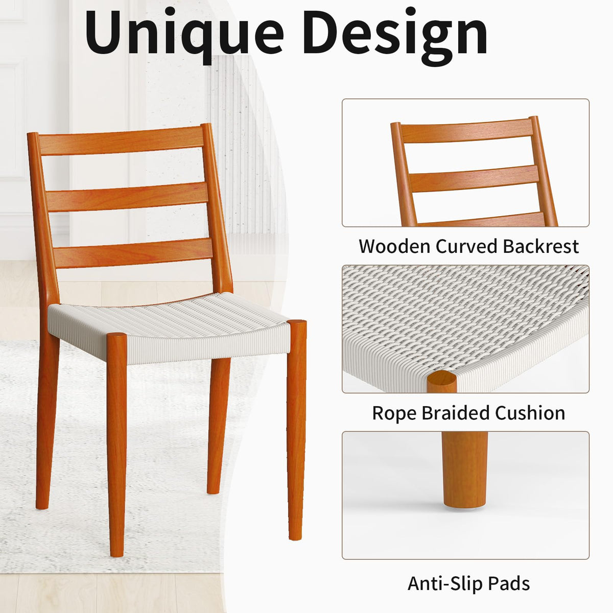 Bonzy Home Wood Rattan Armless Dining Chairs Set of 6, Brown&Beige