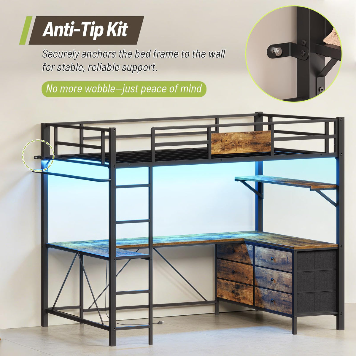 STHYTON Loft Bed Twin Size with Desk, 6 Storage Drawers & Power Outlet