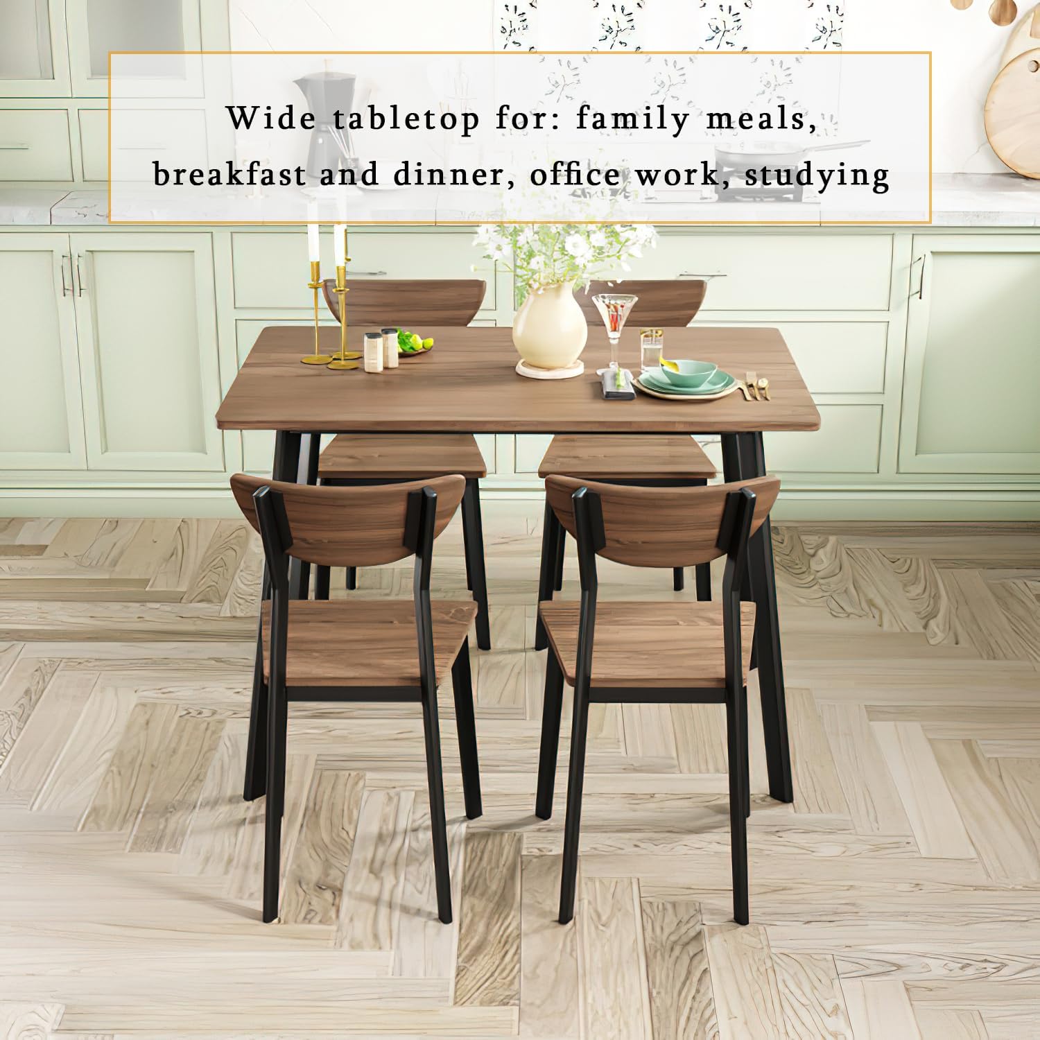 AWQM Dining Table Set for 4, Wood Kitchen Table and Chairs,Curved Backrest Kitchen & Dining Room Tables, Dinette Set for Small Space, Dining Room, Breakfast Nook, Apartment, Walnut