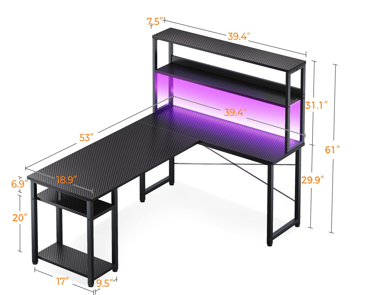 ODK 53 Inch L Shaped Gaming Desk with Hutch & Headphone Hook