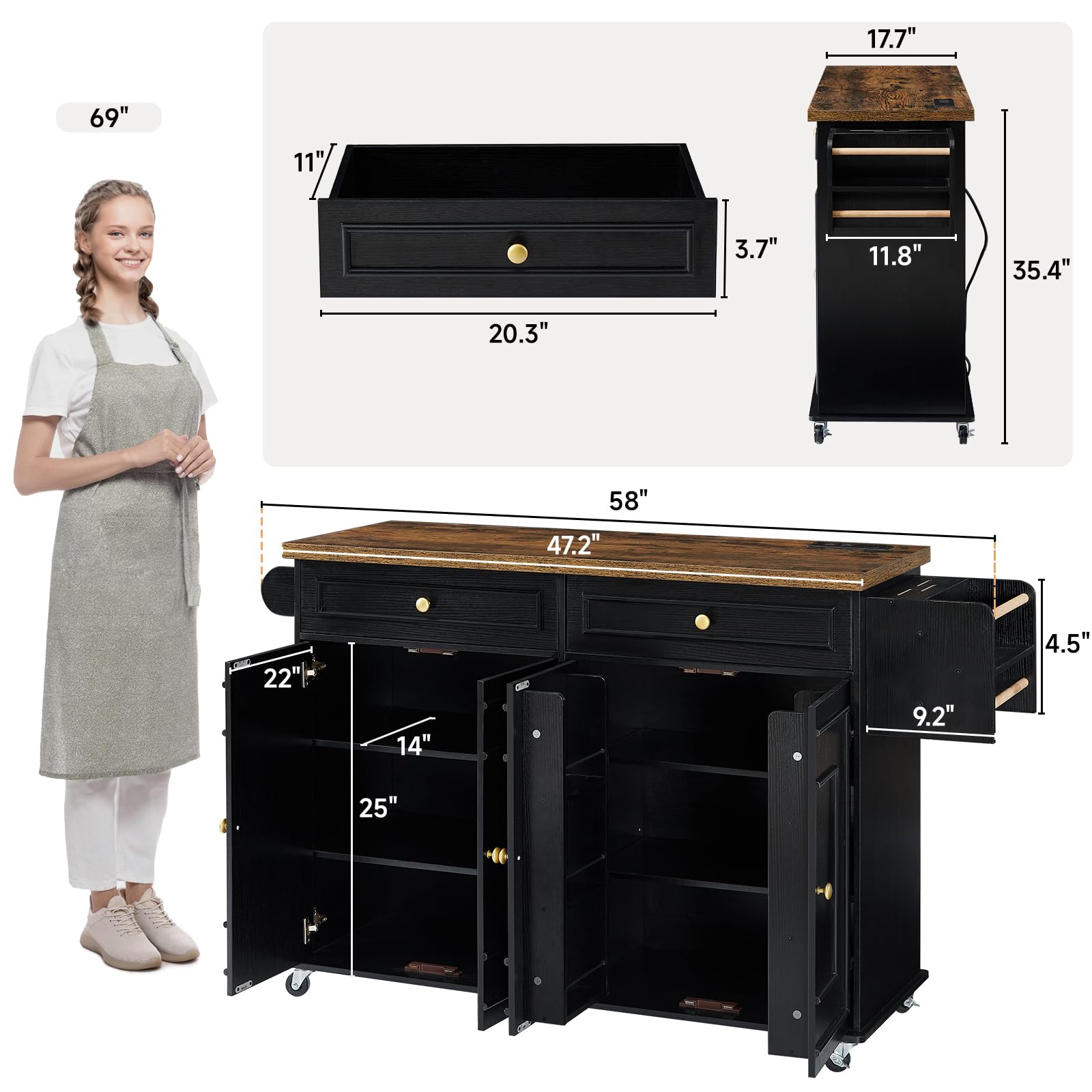 ONBRILL 58" Mobile Kitchen Island, Kitchen Island Cart with Power Outlet, Island Table for Kitchen, Home Bar Carts with Storage, Kitchen Rolling Island with Spice Rack & Towel Rack & Knife Holder