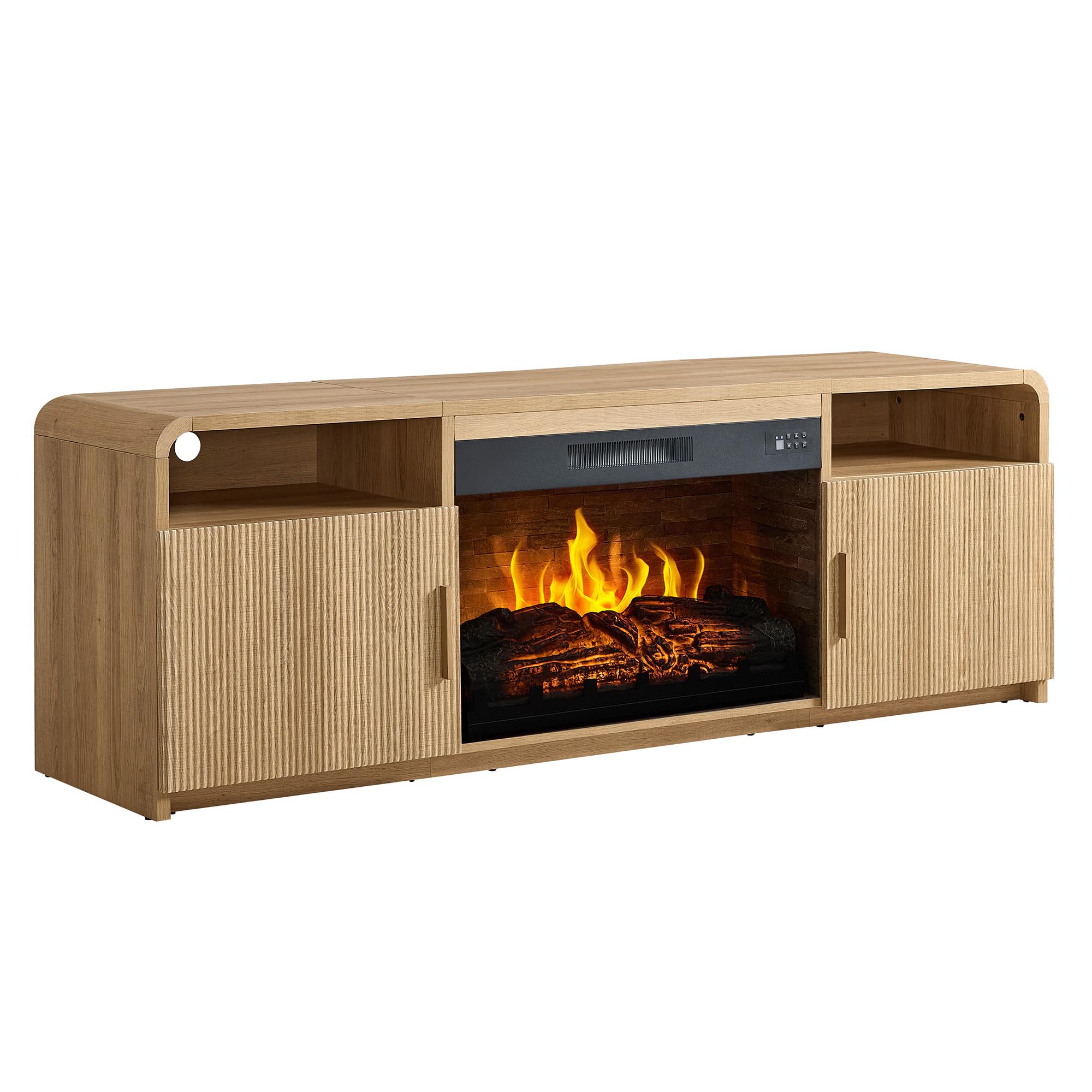 AMERLIFE 70" Fluted Fireplace TV Stand for TVs Up to 80", Modern TV Console with 30" Electric Fireplace & Storage Cabinets, Media Entertainment Center for Living Room, Natural Oak