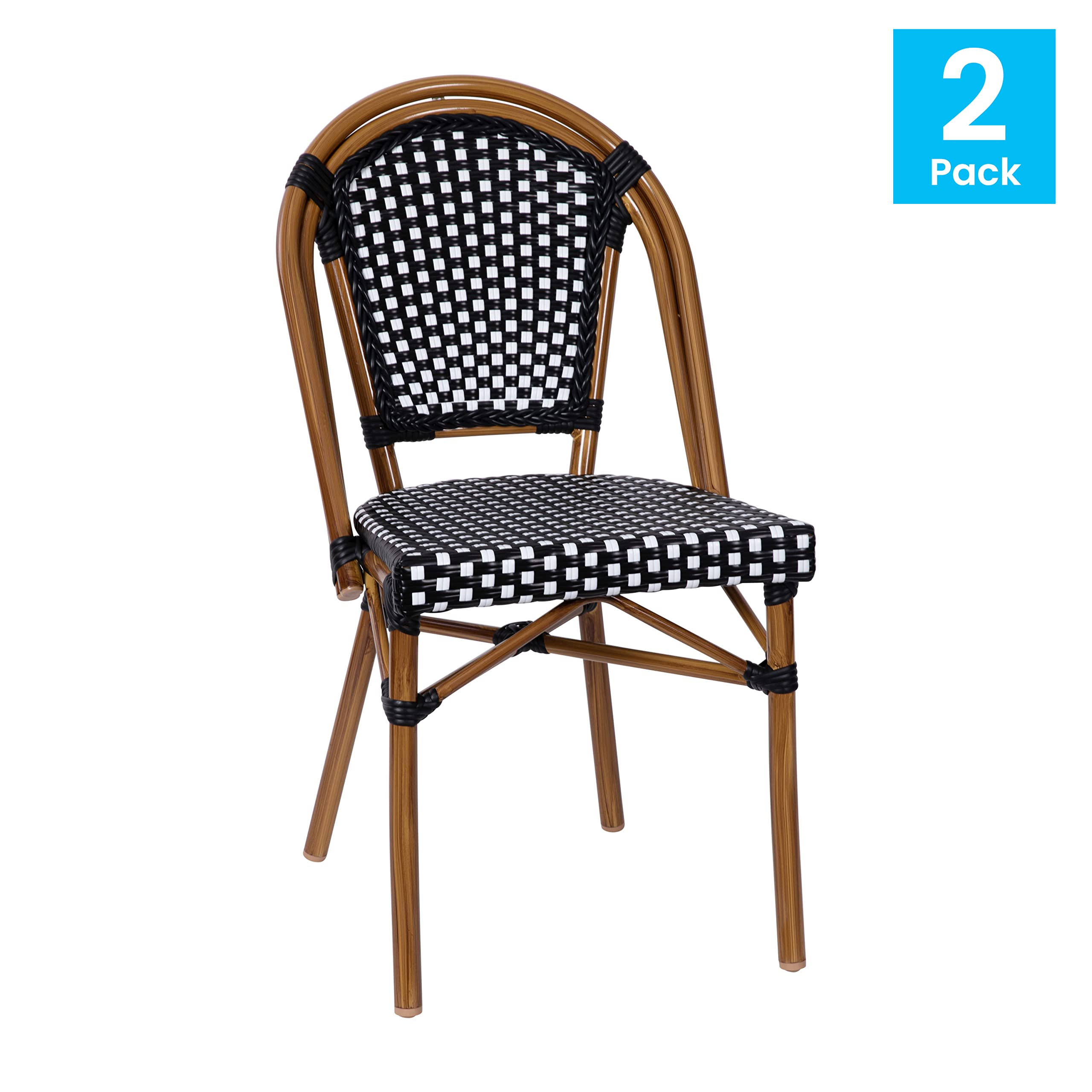 French Bistro Chairs with PE Rattan Seat & Back, Bamboo Finish Frame, Set of 2