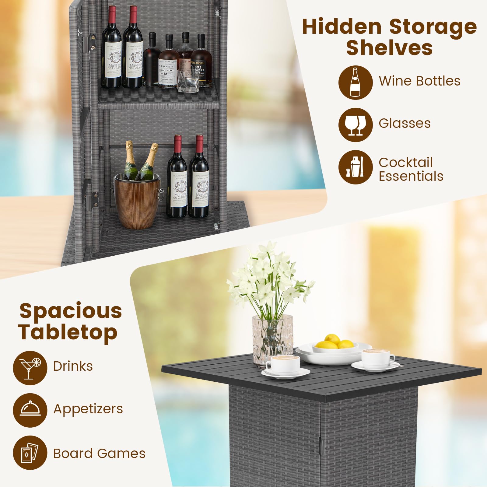 RELAX4LIFE 5-Piece Outdoor Bar Set, Wicker Rattan Bar Height Patio Set w/4 Cushion Bar Stools & Table with Hidden Storage, 5PCS Outdoor High Top Table and Chairs Set for Backyard Poolside (White-Grey)