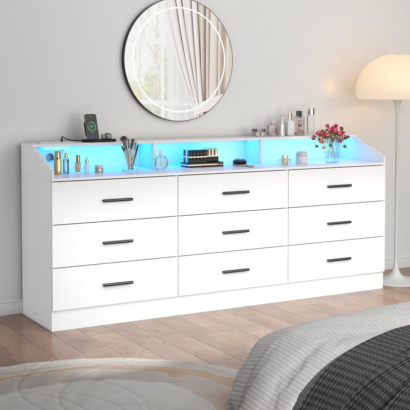 9 Drawer Dressers for Bedroom with Charging Station, Wooden Dresser Wide Dresser with Led Light, 63'' Long Dresser for Closet with Open Cubby, Modern White Bedroom Dresser Triple Wide Chest of Drawers