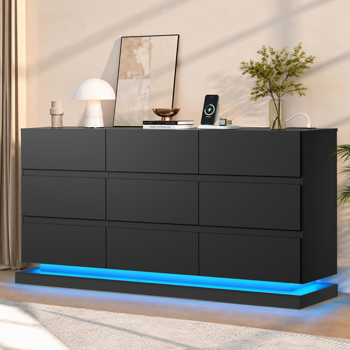 WLIVE 9 Drawer Dresser with LED Light, Dresser with Charging Station