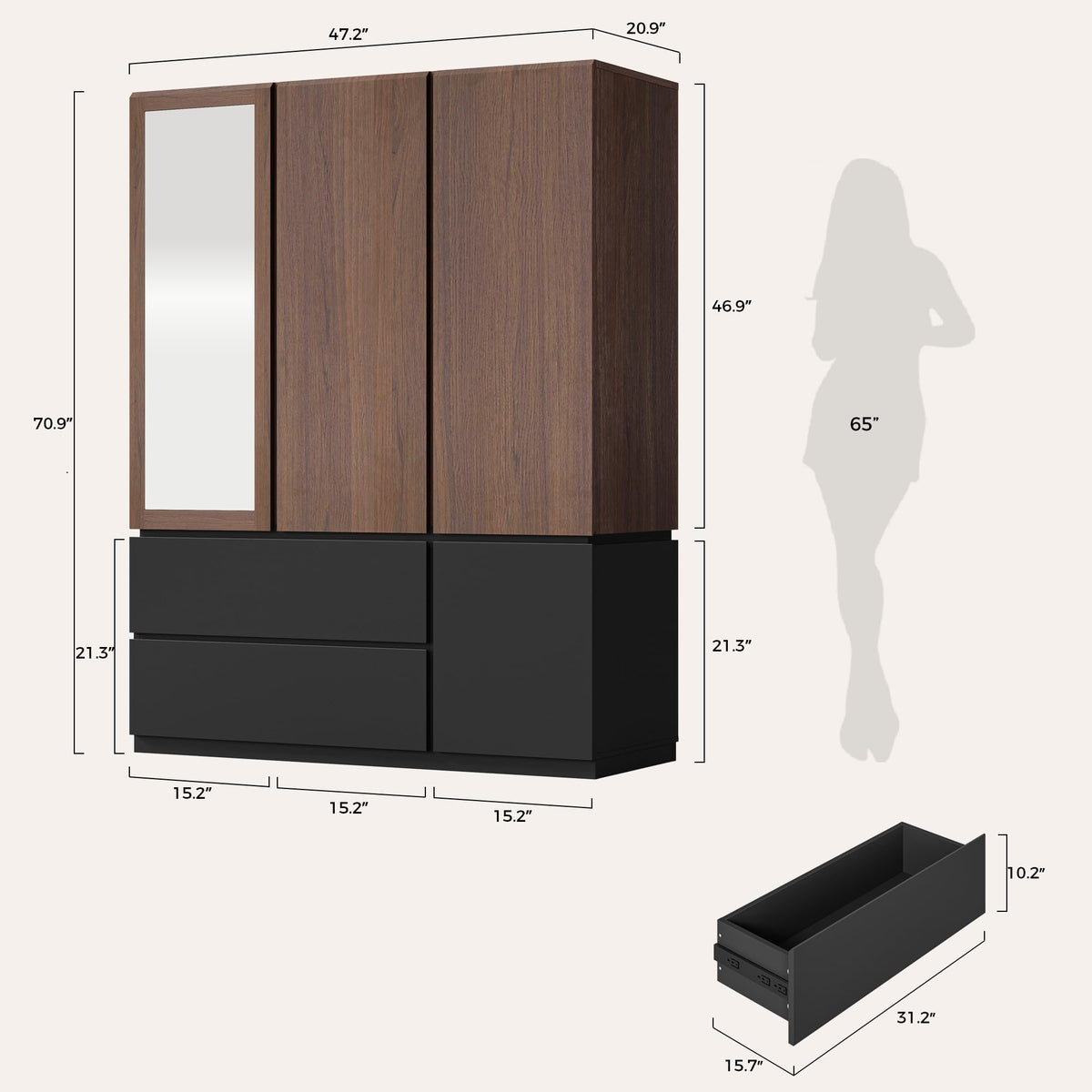 3-Door Mirrored Wardrobe with Drawers