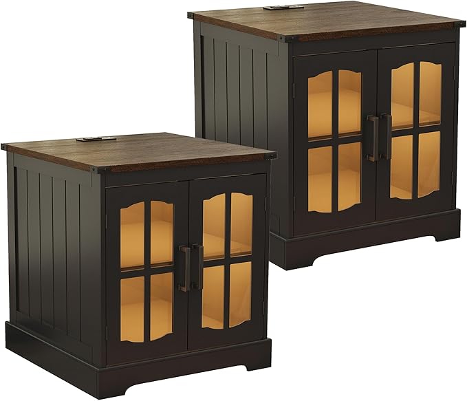 Rustic End Table with Charging Station & LED Light