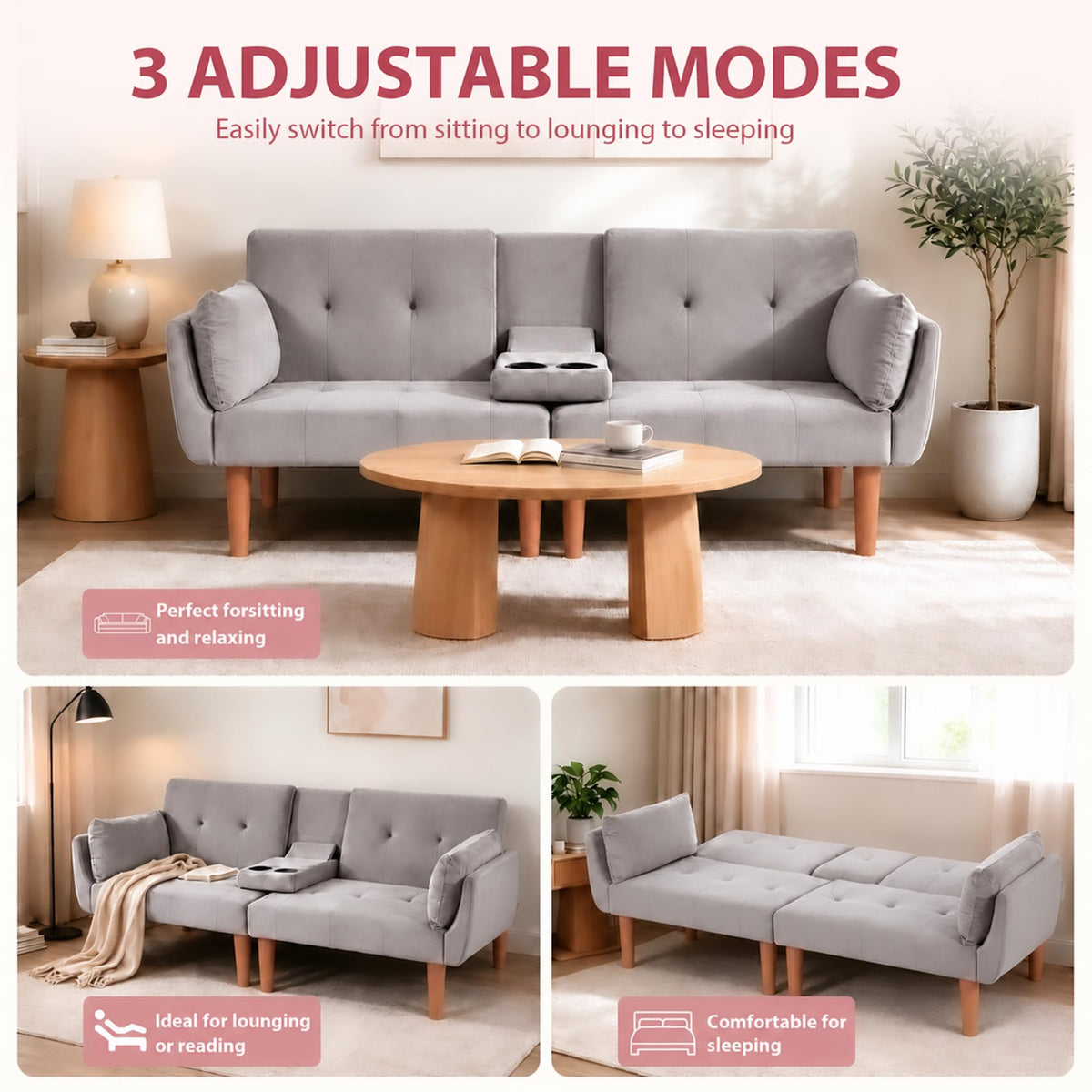 Modern 72 In Velvet Sofa Bed Futon, Tufted Recliner Loveseat Design (Gray)