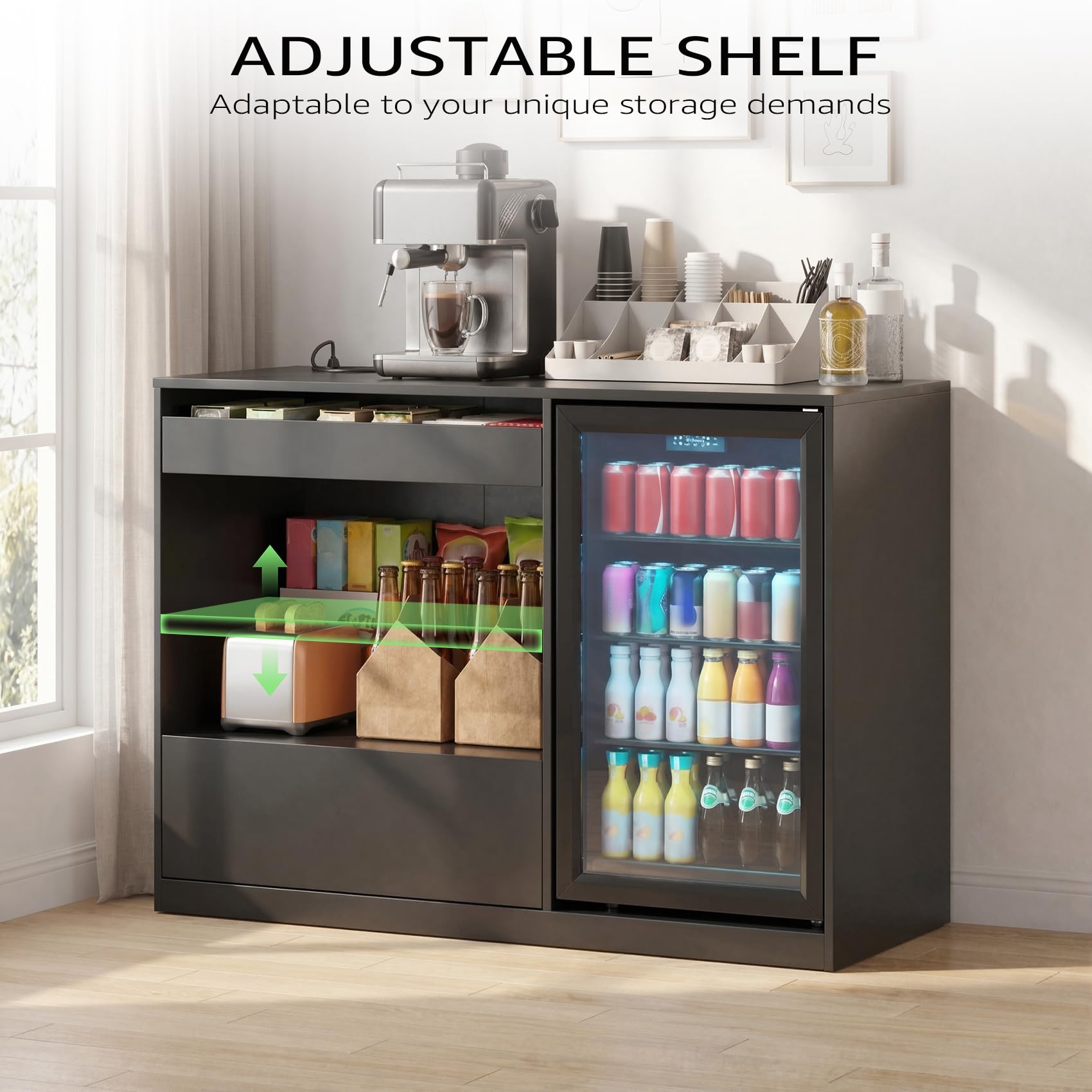 Melidee Snack Bar Cabinet with Fridge Space, Mini Fridge Cabinet with Storage, Coffee Bar Cabinet with Drawer, Power Outlets, Snack Organizer for Home, Movie Room, Game Room, 51.2”L, Black