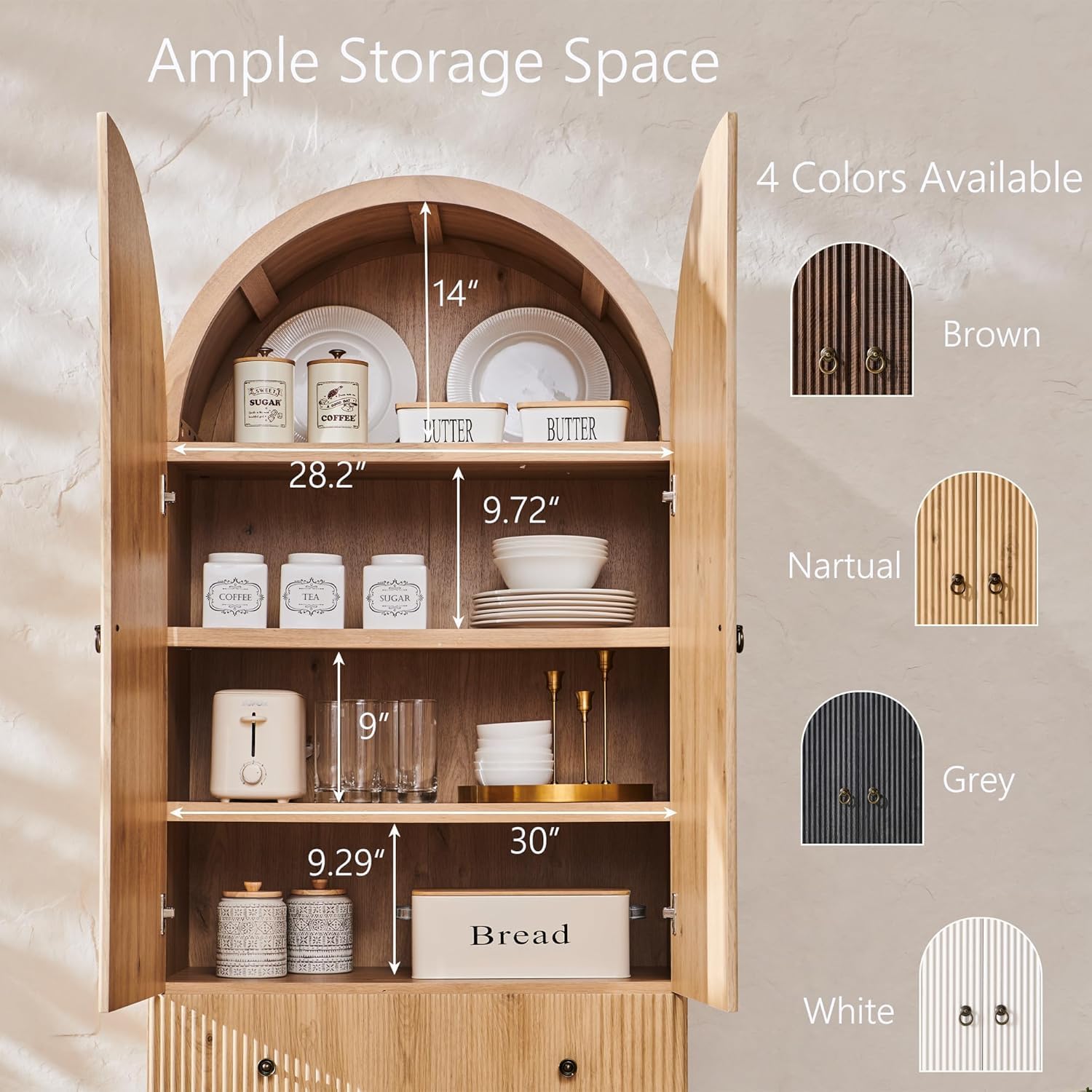Fluted Arched Pantry Cabinet with Drawers & Adjustable Shelves