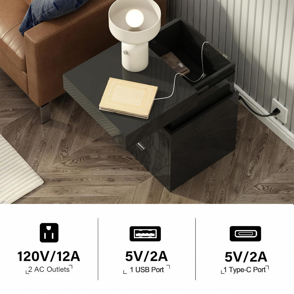 ChooChoo LED Nightstand with Charging Station and Sliding Storage