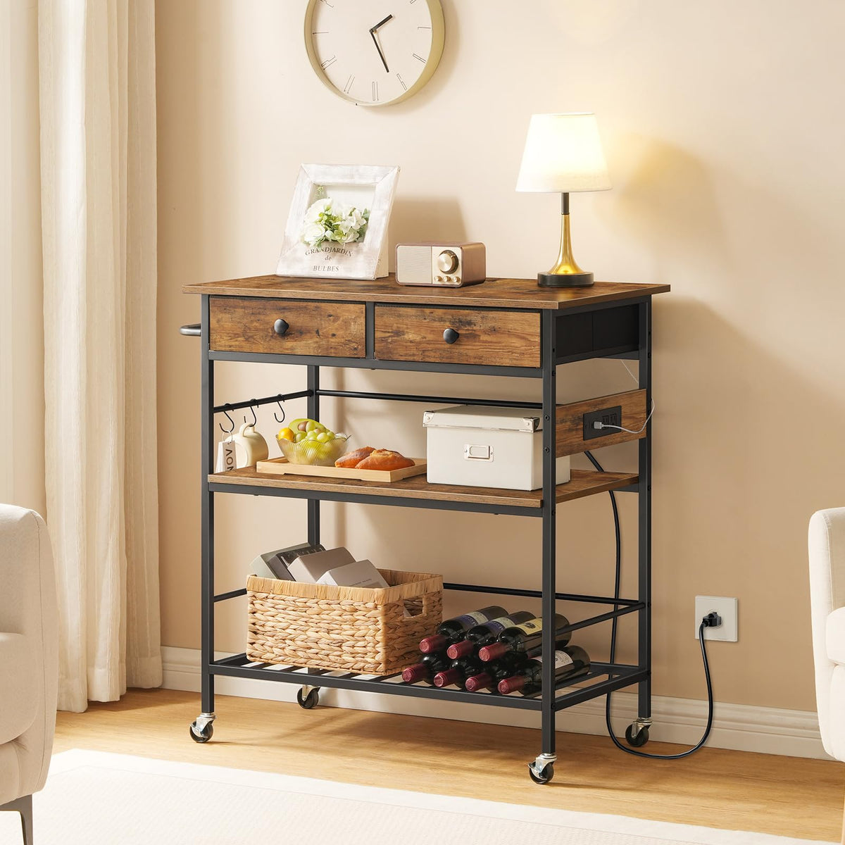 Rolling Kitchen Island with Drawers and Outlet