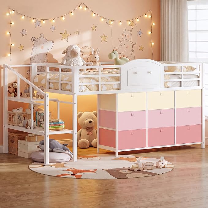 Twin Low Loft Bed with Storage Stairs
