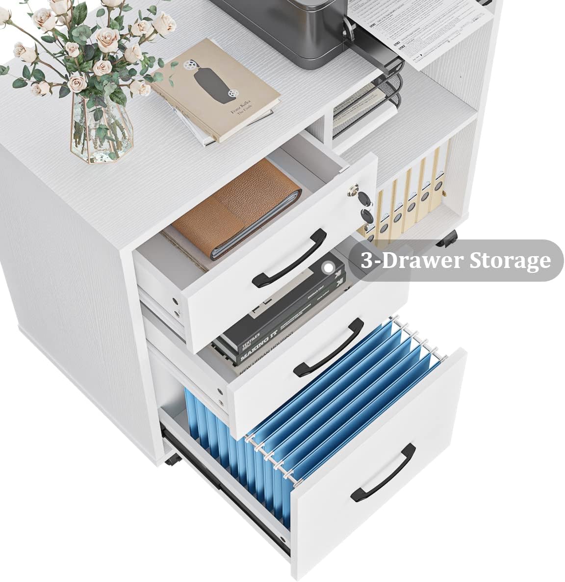 3-Drawer Rolling File Cabinet with Printer Stand