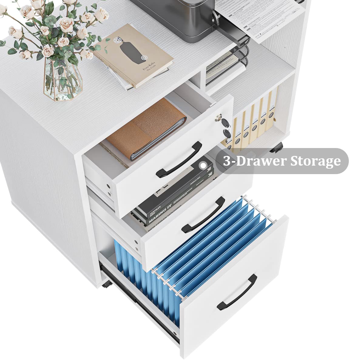 3-Drawer Rolling File Cabinet with Printer Stand