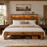 madeslves Wooden Bed Frame King Size with Storage Headboard, Brown