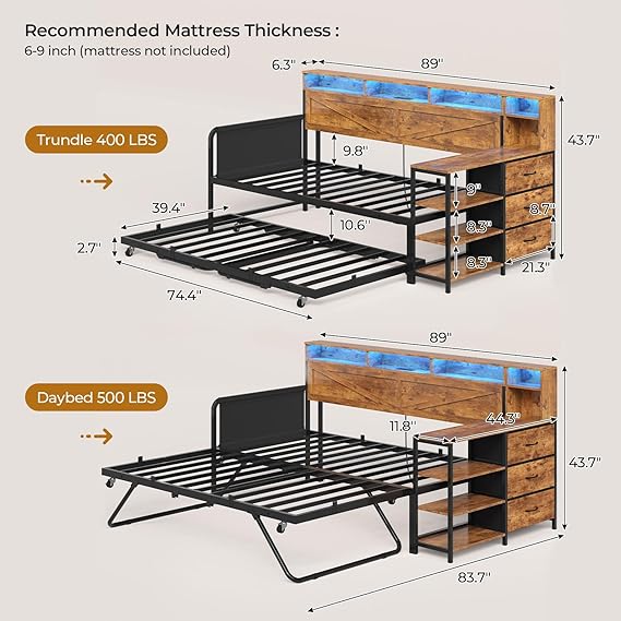 Twin Daybed with Trundle, Storage Drawers & LED Lights
