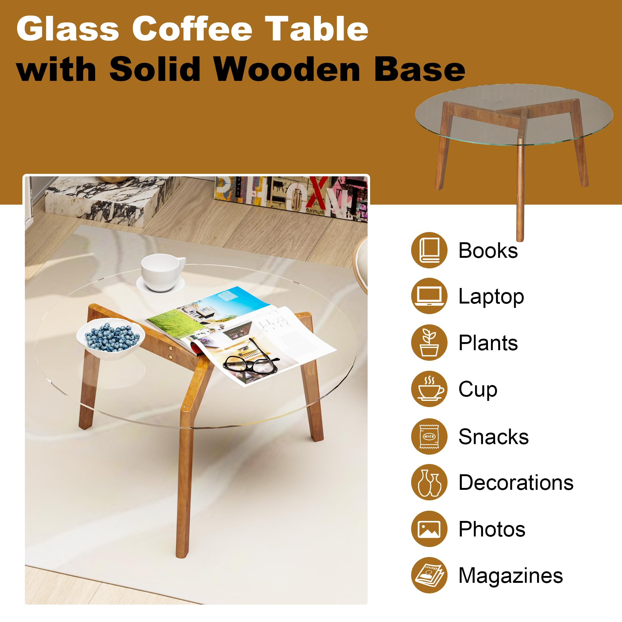WFSRESTD Glass Coffee Table, Small Round Coffee Tables with Solid Wood Legs, Mid Century Modern Center Table with Glass Top for Small Spaces, Living Room, 31.5x31.5x15.4