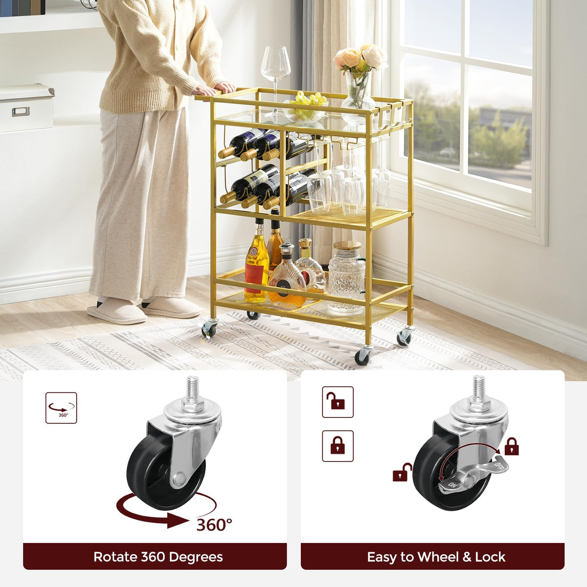 MAHANCRIS Bar Cart for Home, 3-Tier Serving Cart with Wheels and Handle, Beverage Cart with Wine Rack and Glass Holders, Rolling Wine Cart for Kitchen, Dining Room, Gold RCJ61B01