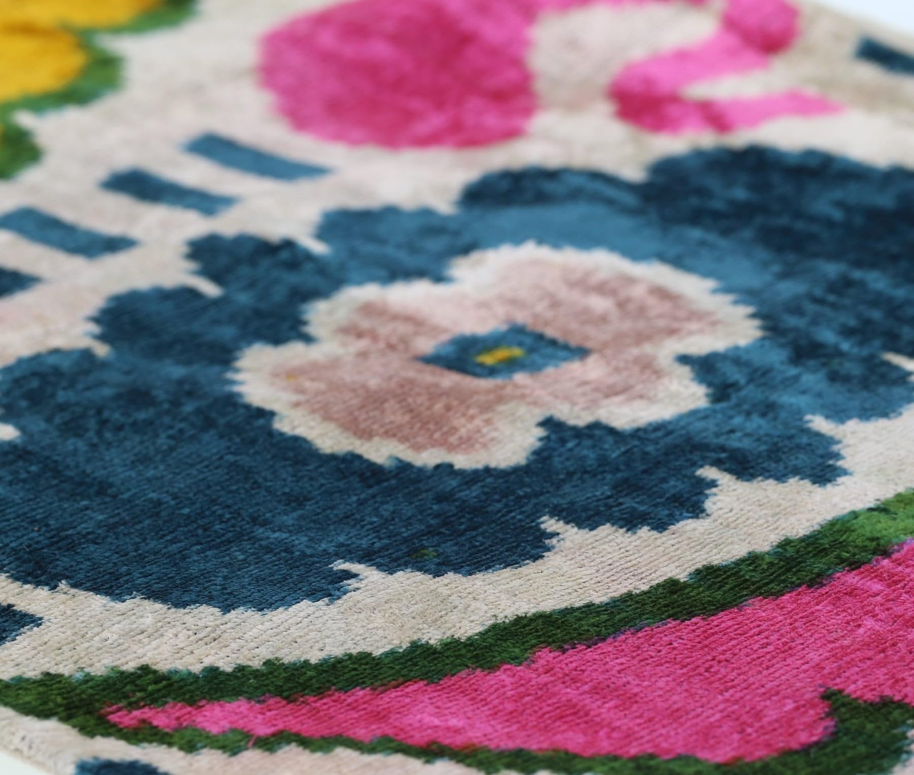 CANVELLO Handmade Velvet Lumbar Pillow 16"x24" in Bright Pink, Teal, and Yellow Floral Ikat Design with Premium Down Feather Insert