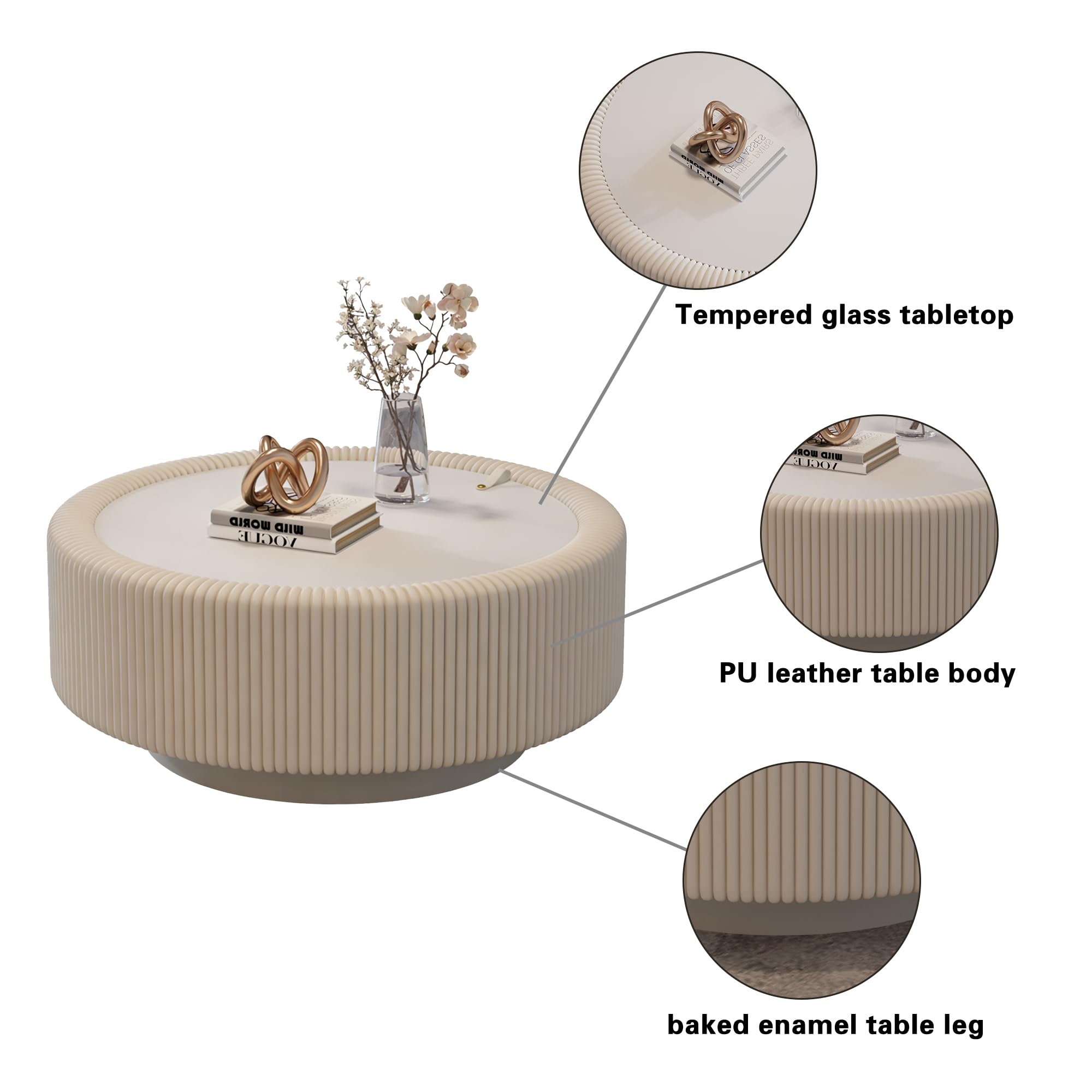 KEIKI Round Coffee Table with Tempered Glass Top, Fluted PU Leather Coffee Tables with Hidden Storage, Modern Accent Tea Table with Metal Base for Living Room Bedroom Small Space, White