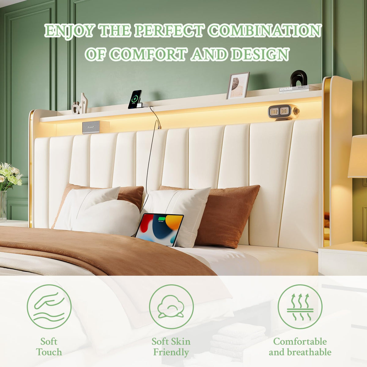 King Upholstered Storage Bed with LED Headboard