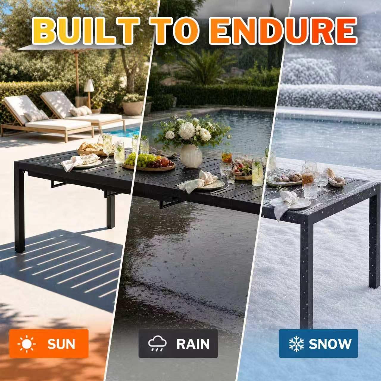 MEOOEM Expandable Patio Dining Table for 8, 78.8" Large Long Adjustable Rectangular Outdoor Table for 4-8 Person, 500LBS Sturdy Black Metal Extendable Patio Table for Outside,Garden, Lawn, Backyard