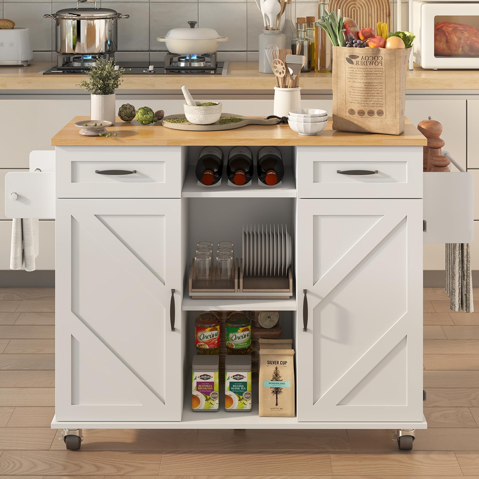 knoworld 51.5'' Rolling Kitchen Island with Storage Cabinet & Drawers, Drop Leaf Kitchen Cart on Wheels, Farmhouse Portable Mobile Islands, Large Butcher Block Table with Tower/Spice Rack, White