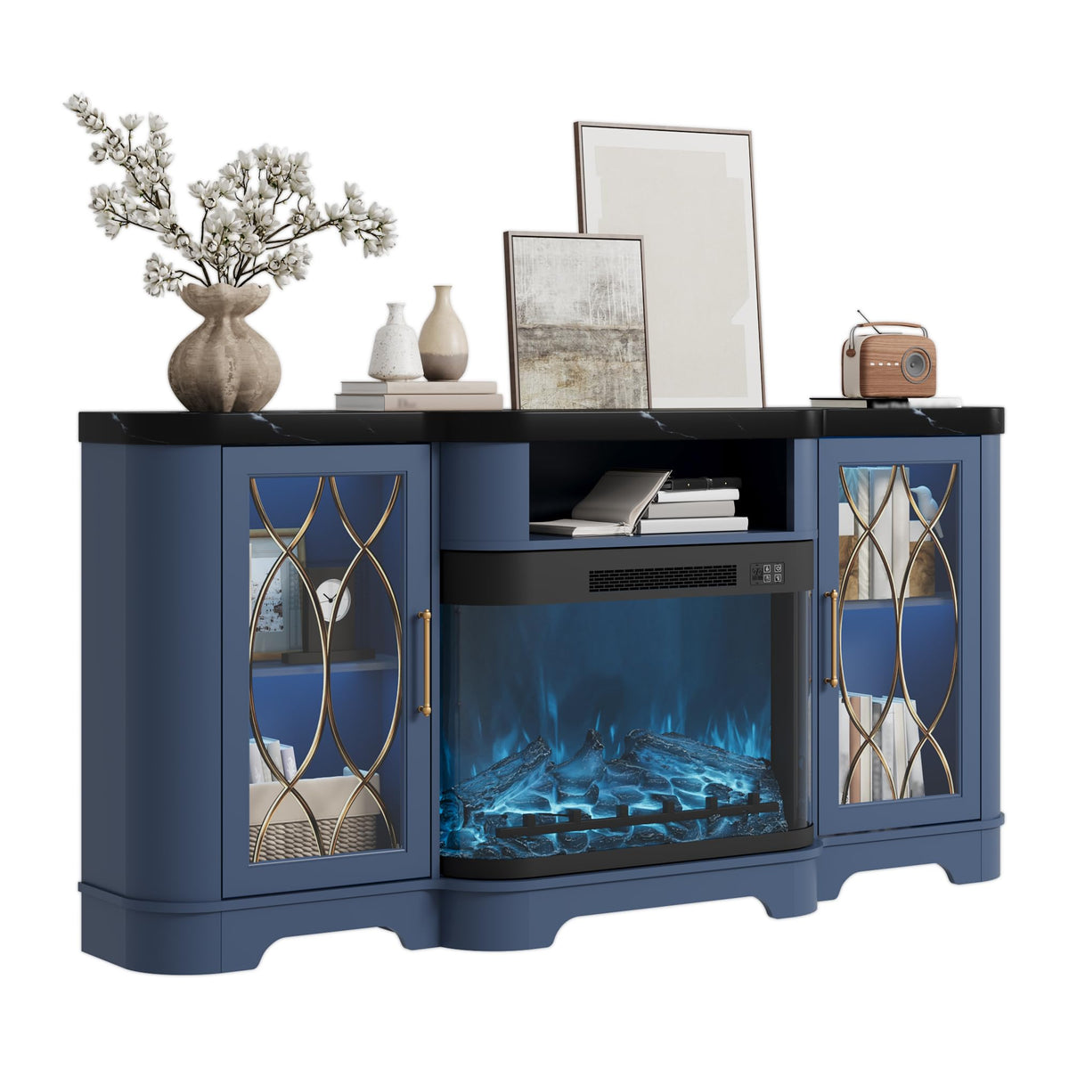 RNLRNL 70" TV Stand with 30" Curved Electric Fireplace, Blue/Black