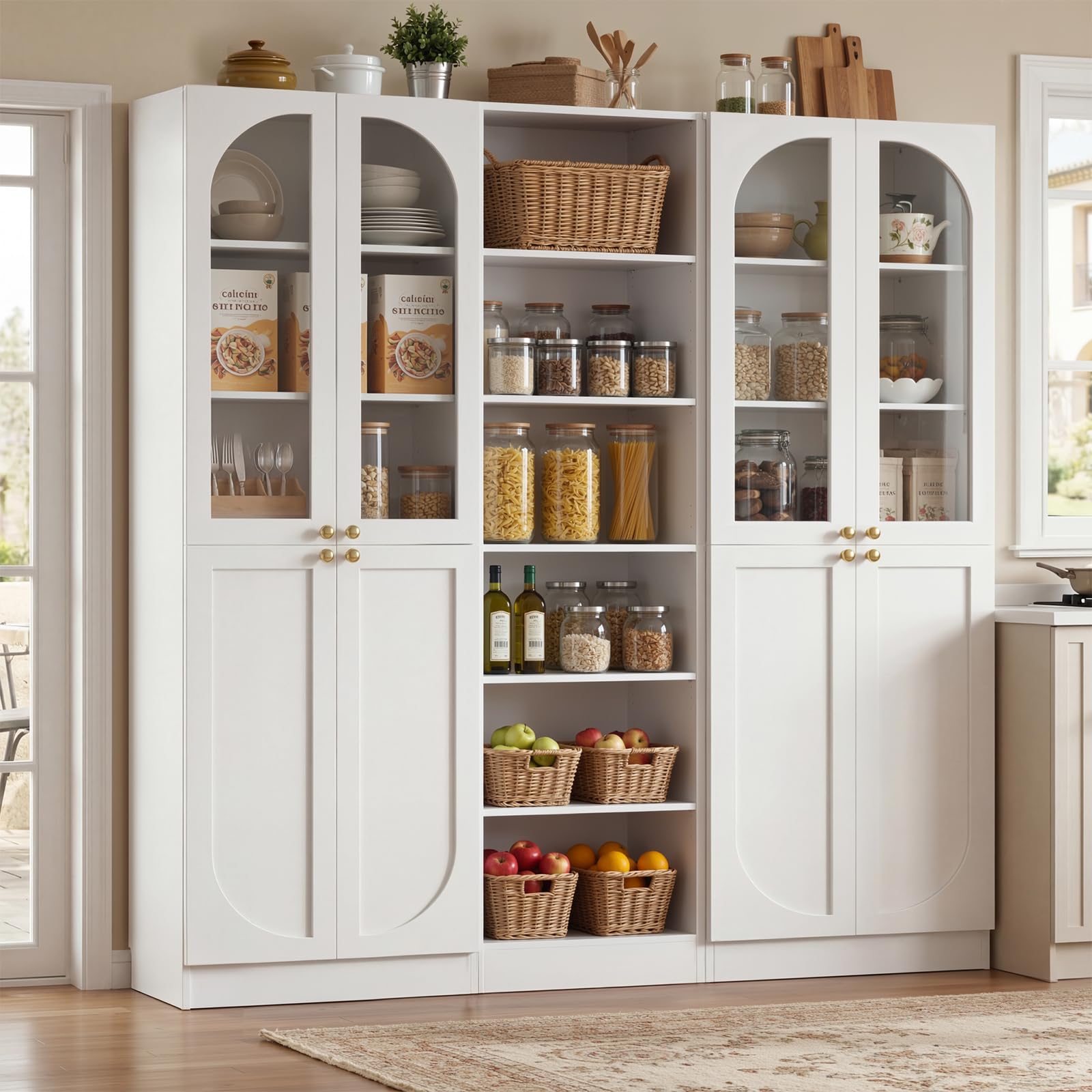 Cyclysio 80" Tall Bookcase System with 4 Tempered Glass Doors, Arched Corner Bookshelf with 6-Tier Open Shelves, Wooden Pantry Storage Organizer with Baseboard Cutout for Living Room