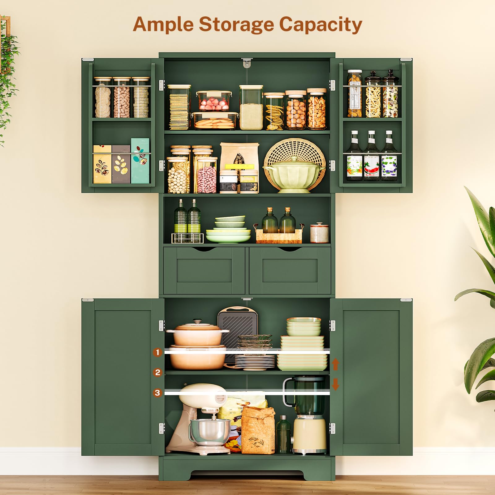 TEENFON Kitchen Pantry Cabinet with Adjustable Shelf, Tall Storage Cabinet with 2 Drawers & 4 Door Shelves, Food Pantry Cabinets, for Kitchen, Dining Room, Living Room, Green