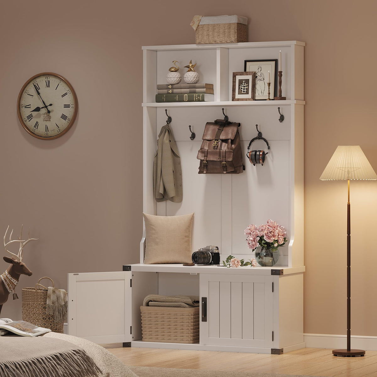 White Farmhouse Hall Tree with Shoe Storage