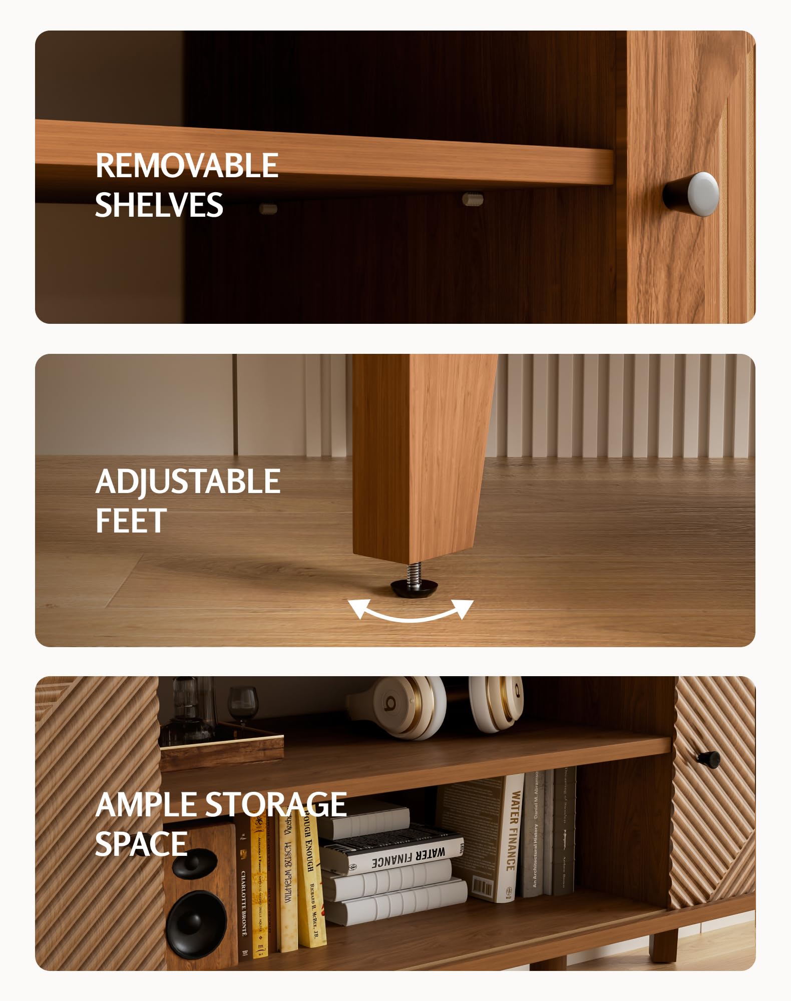 Mid-Century Modern TV Stand with Fluted Door Cabinets