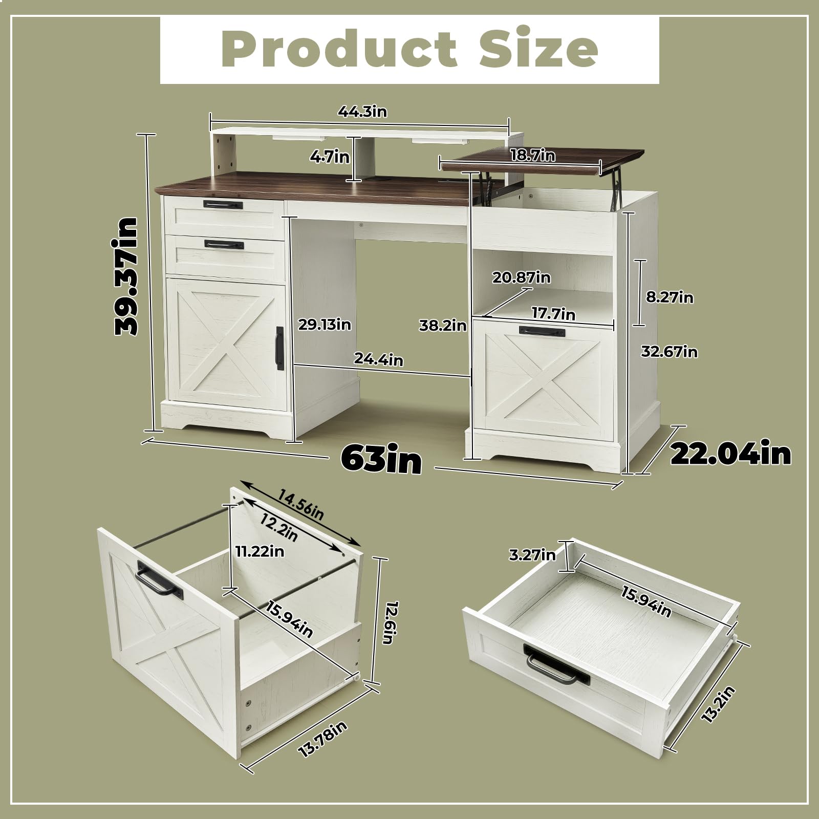 JanflyHome Executive Desk with Lift Top, 63" Computer Desk with Sensor Lights, Charging Station, File Drawers & Farmhouse Design for Home Office (White)