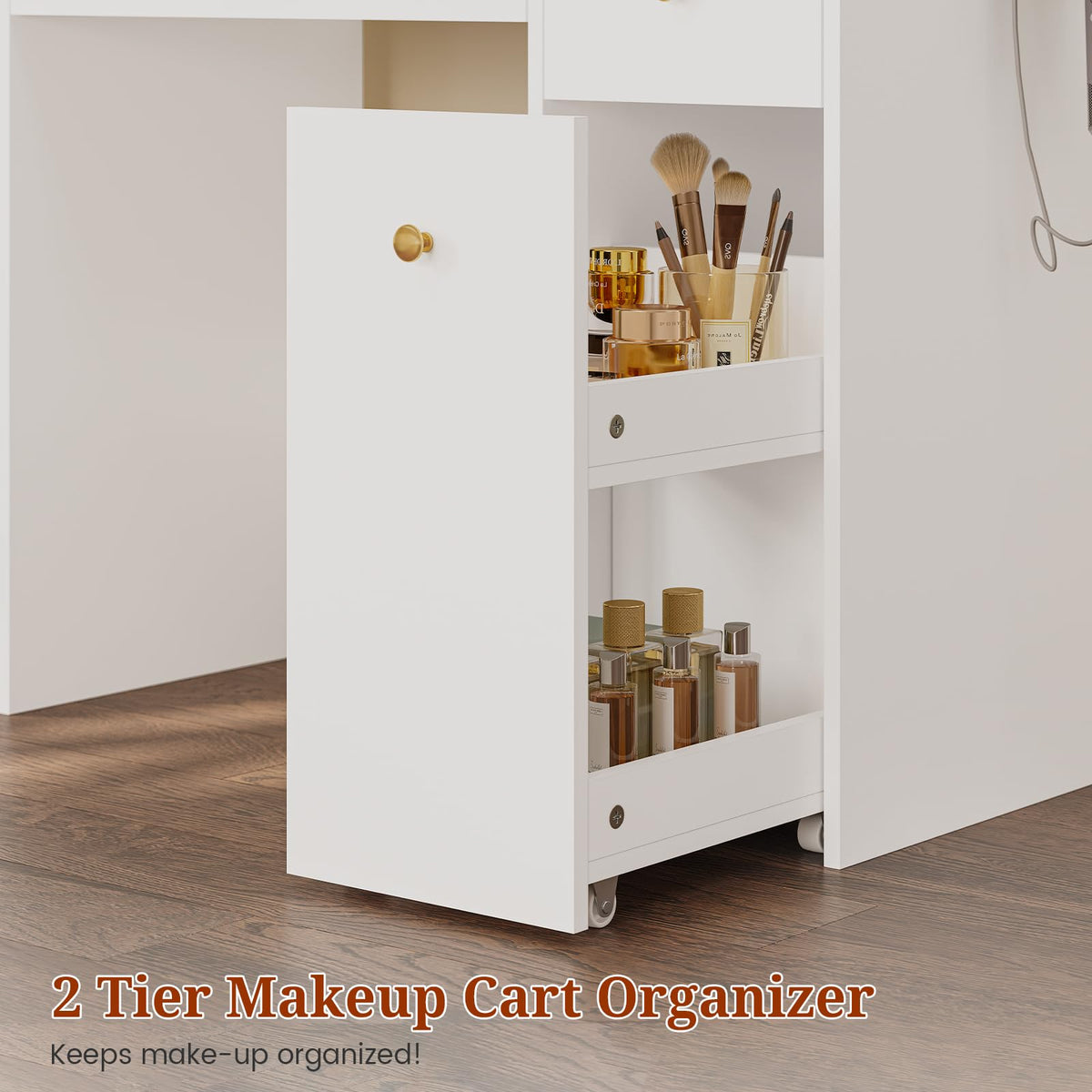 UPOSOJA 49.3“Large Vanity LED Mirror with Lights,Makeup Vanity Desk with 6 Drawers,Power Outlet,Glass Tabletop,Storage Shelf,Rolling Makeup Vanity,Hairdryer Rack,White