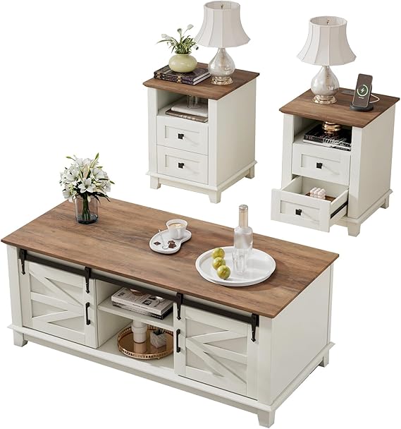 Farmhouse Coffee Table & End Tables Set of 3 with Sliding Barn Doors & Charging Station