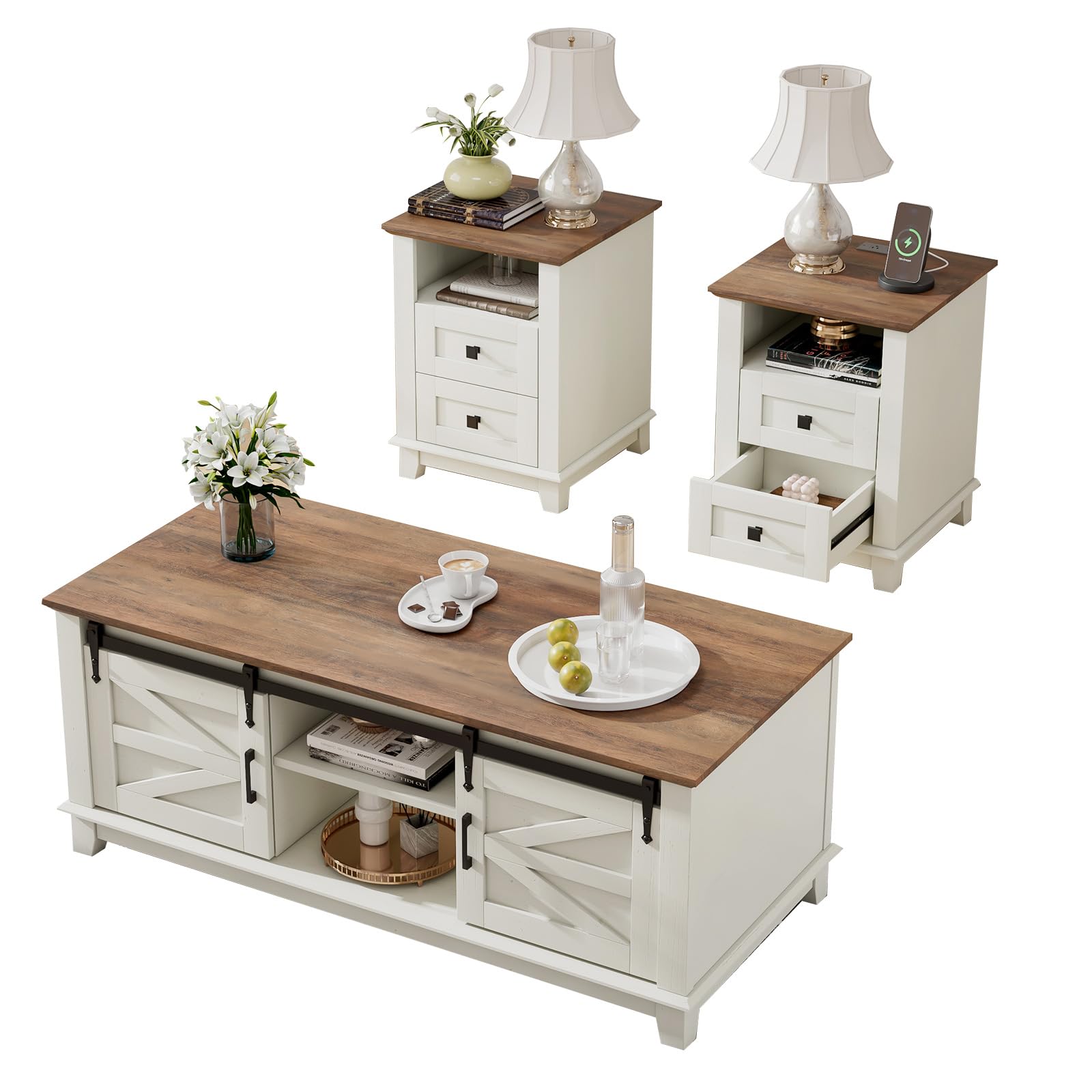 LUXOAK Farmhouse Table Set of 3, Coffee Table with Sliding Barn Doors, End Tables Set of 2 with Charging Station for Living Room & Bedroom, Sliding Barn Doors, 2 Tiers Storage Drawer, Antique White